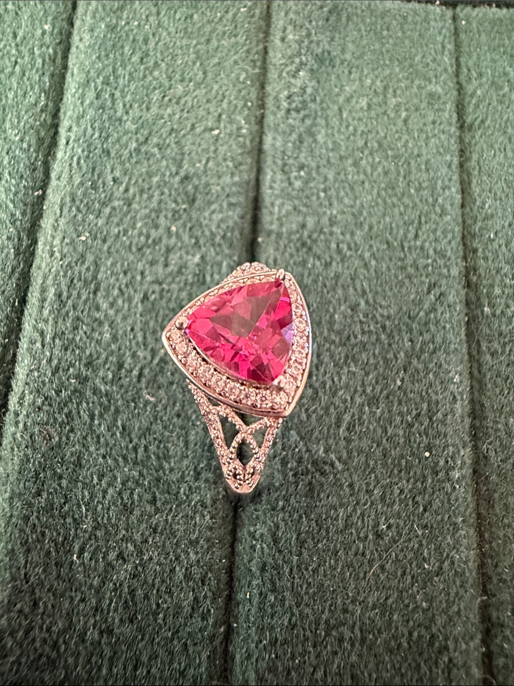 Pink topaz Trillion-Cut Halo Ring size 7 adjustable silver 935 Accents